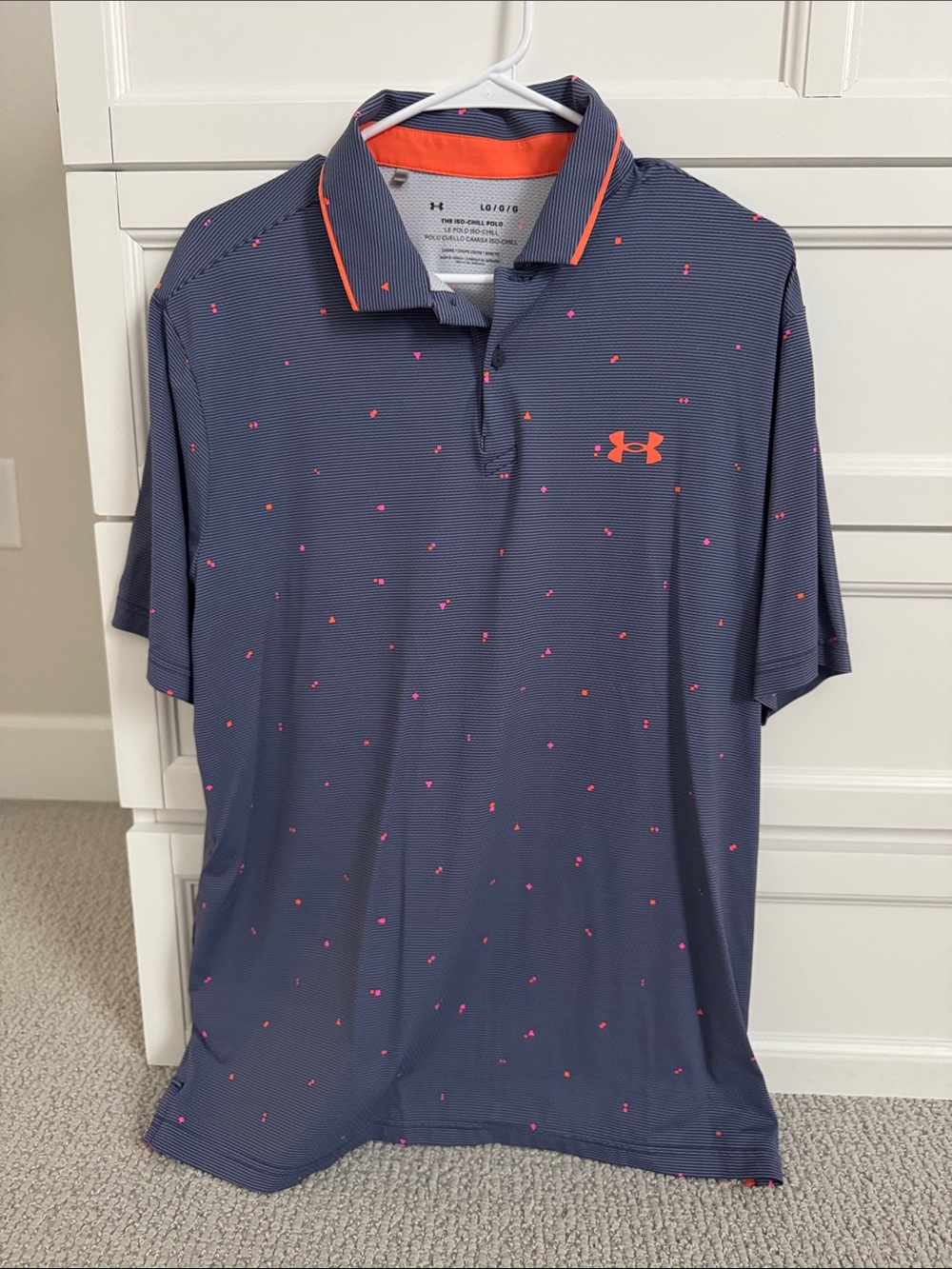 Under Armour Men’s Navy Polo with Coral Logo and Pink Dot Pattern